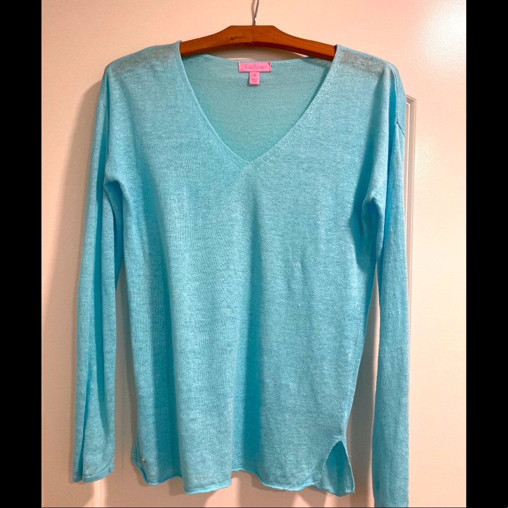 EUC Lilly Pulitzer Linen long sleeve v-neck tunic, XS (runs big) in aqua blue